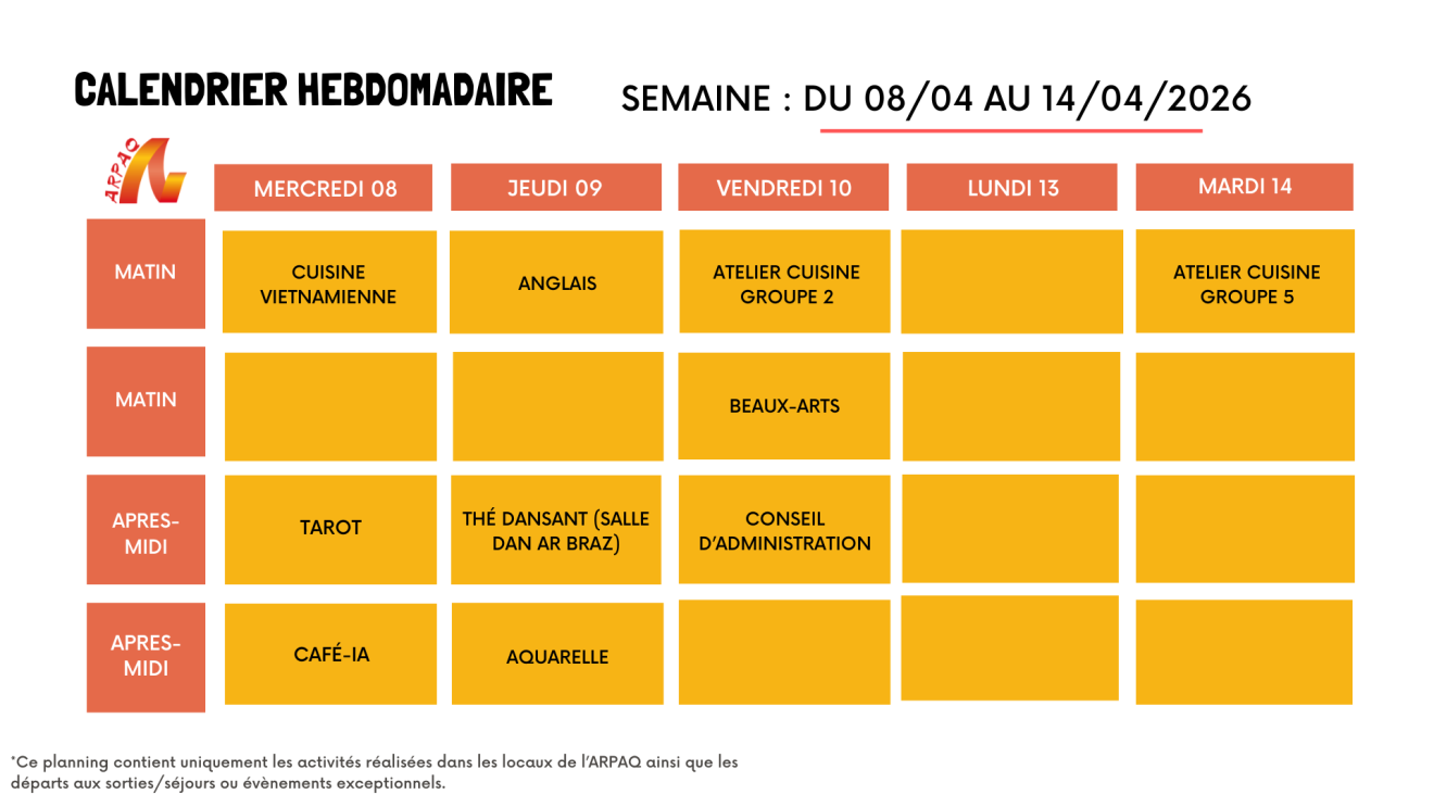 CALENDRIER HEBDOMADAIRE