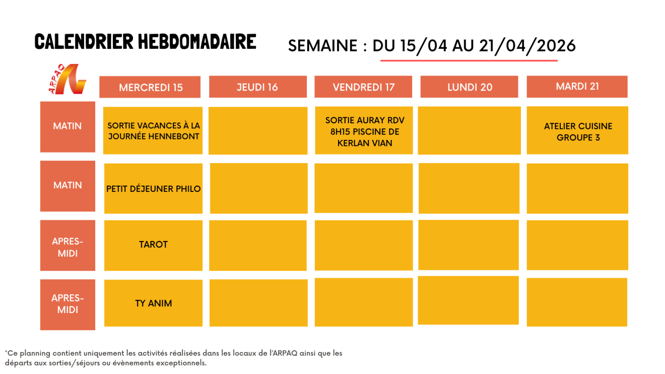 CALENDRIER HEBDOMADAIRE