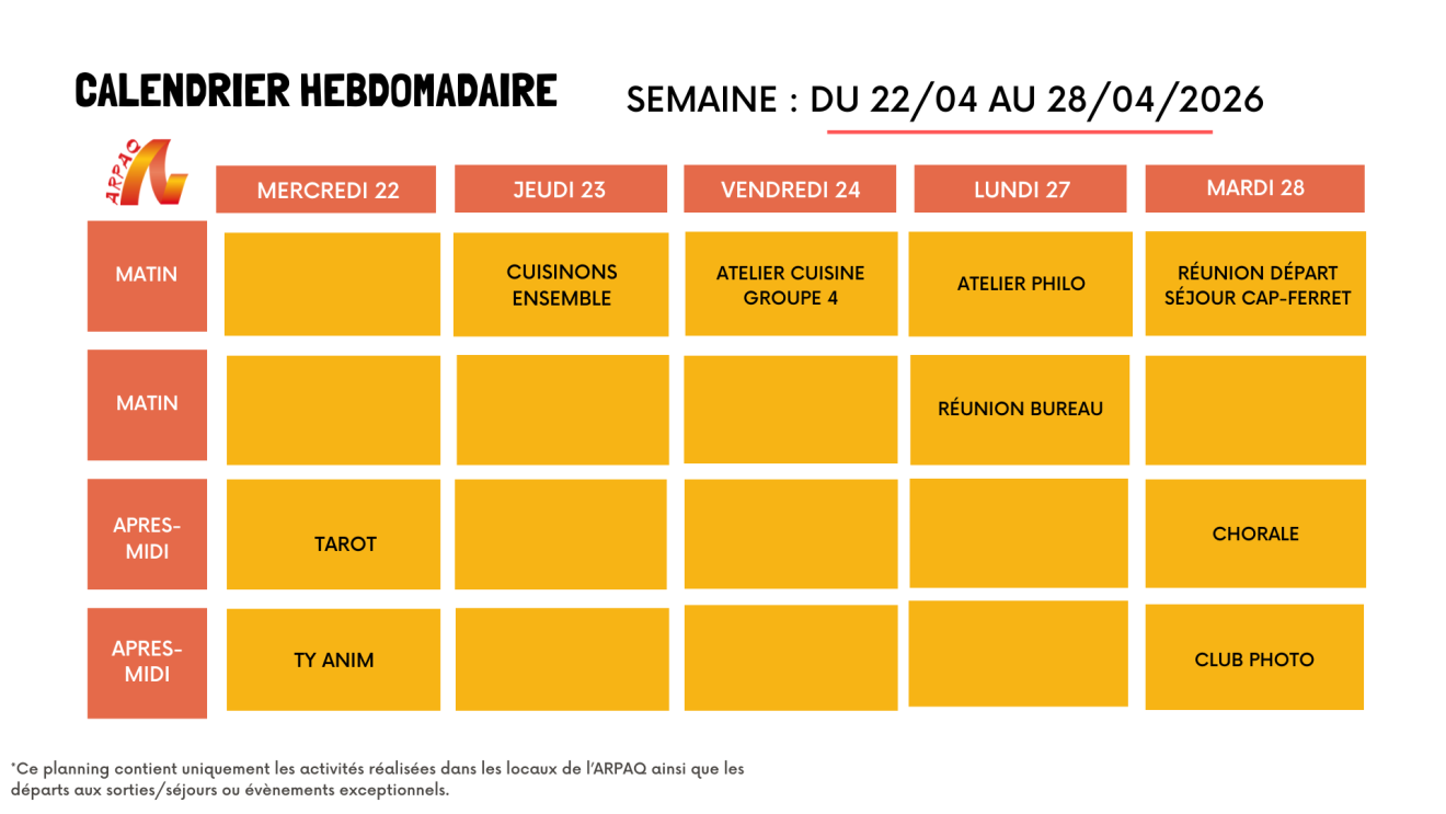 CALENDRIER HEBDOMADAIRE