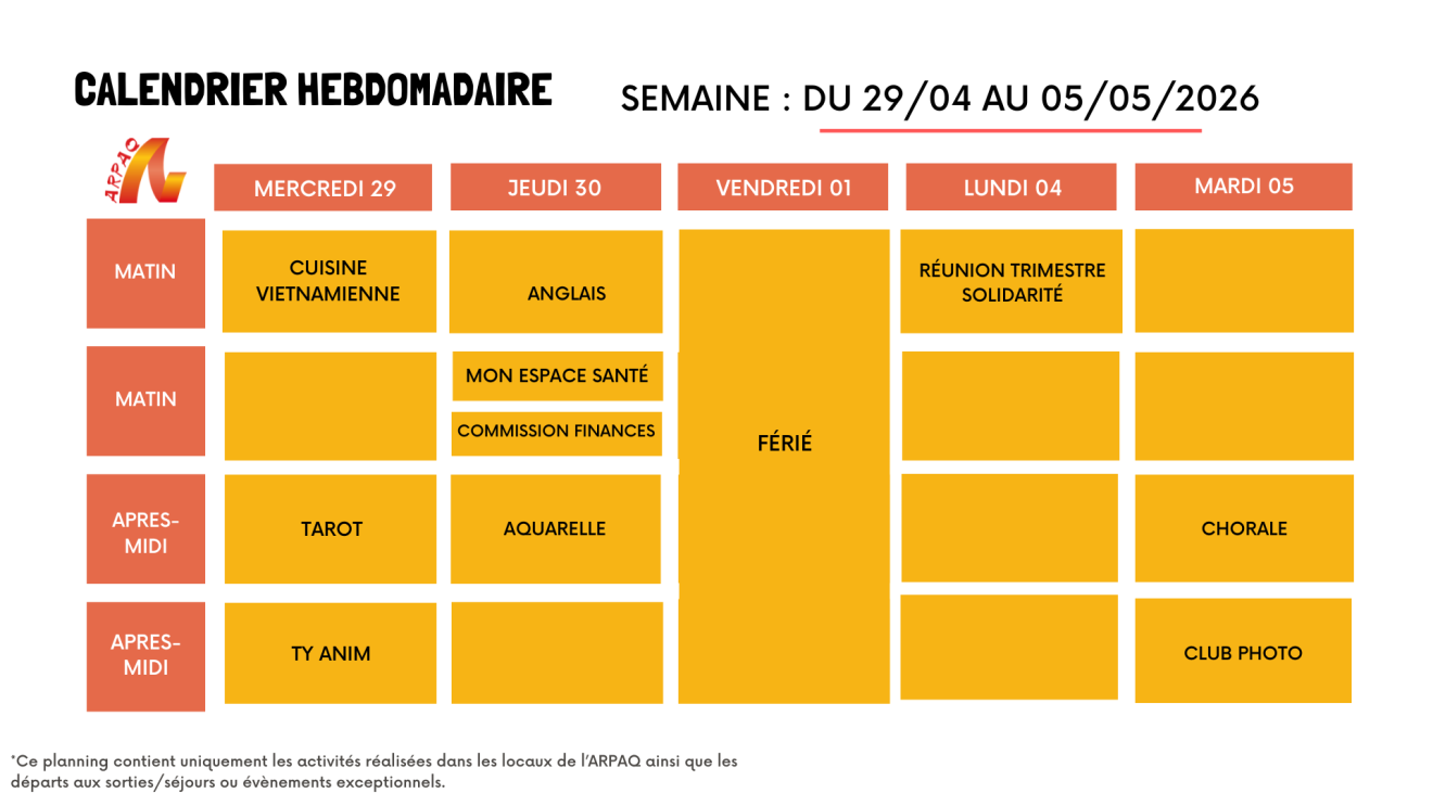 CALENDRIER HEBDOMADAIRE