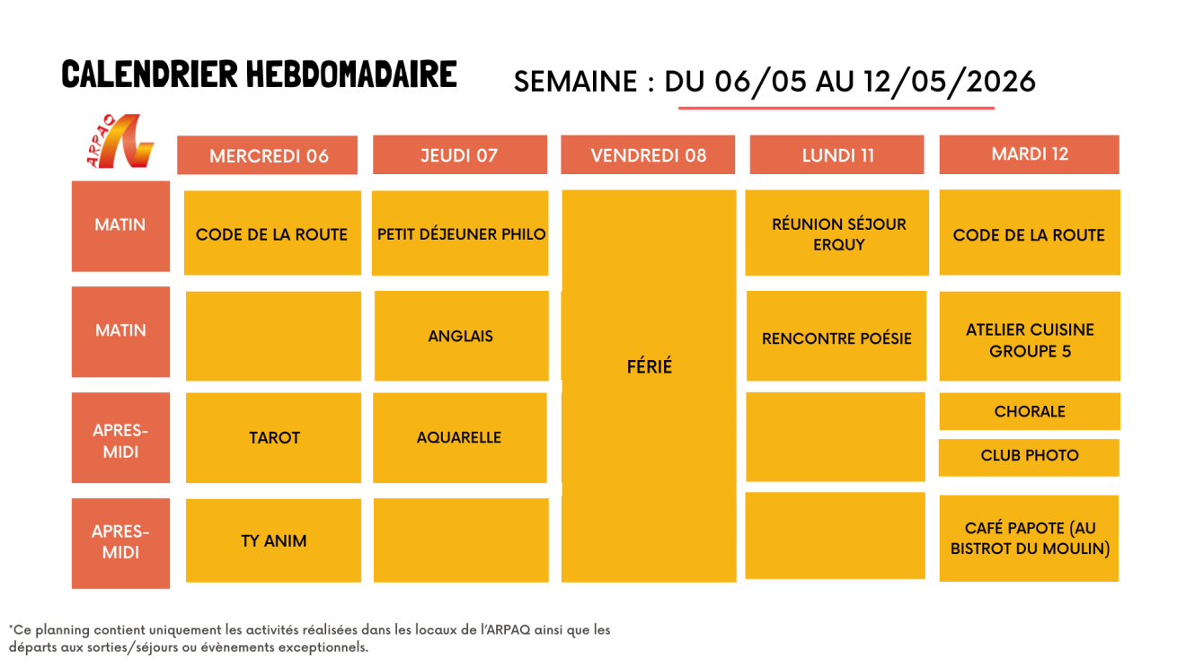 CALENDRIER HEBDOMADAIRE