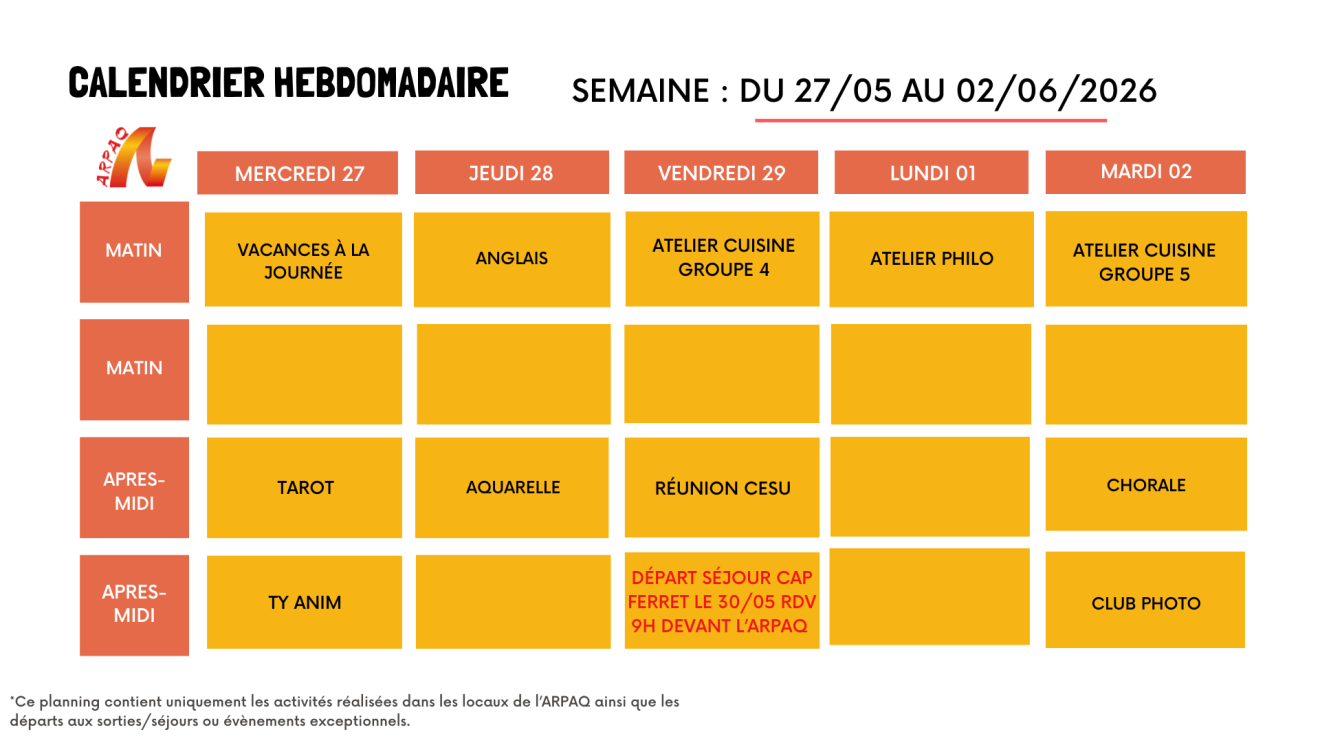 CALENDRIER HEBDOMADAIRE