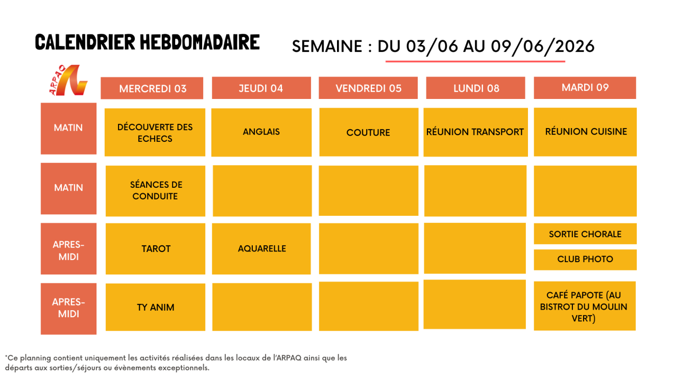 CALENDRIER HEBDOMADAIRE