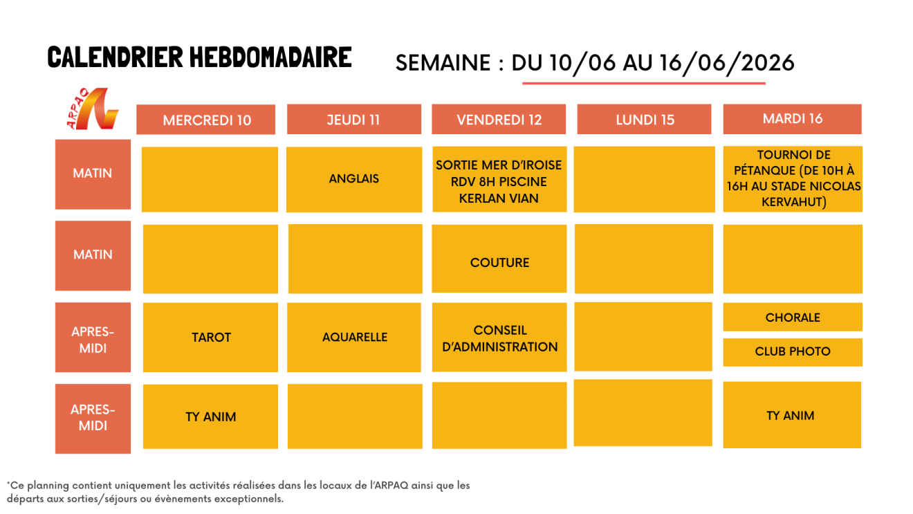 CALENDRIER HEBDOMADAIRE