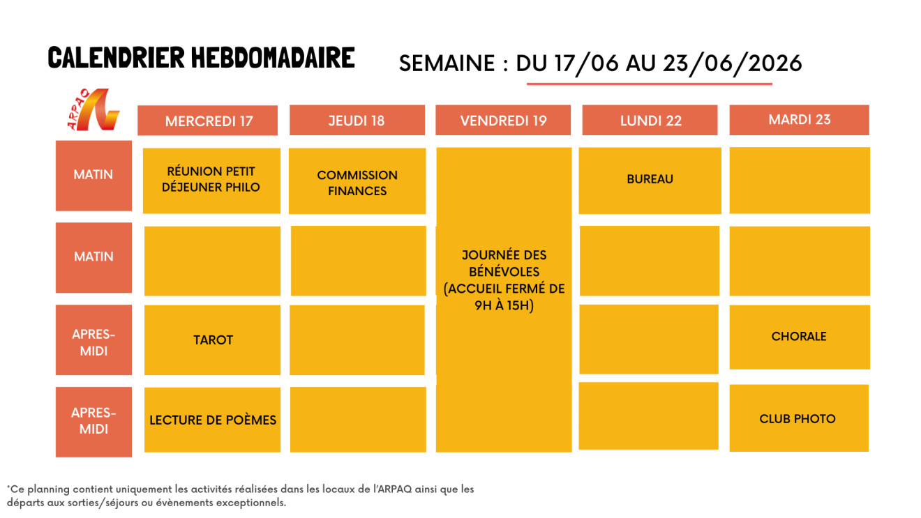 CALENDRIER HEBDOMADAIRE