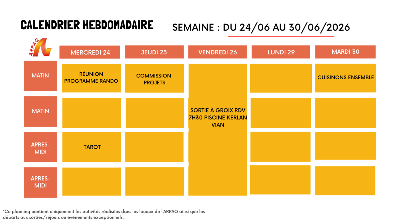 CALENDRIER HEBDOMADAIRE