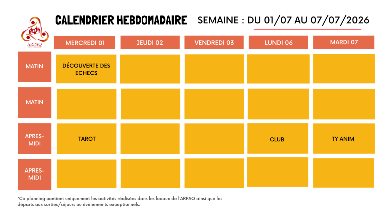 CALENDRIER HEBDOMADAIRE