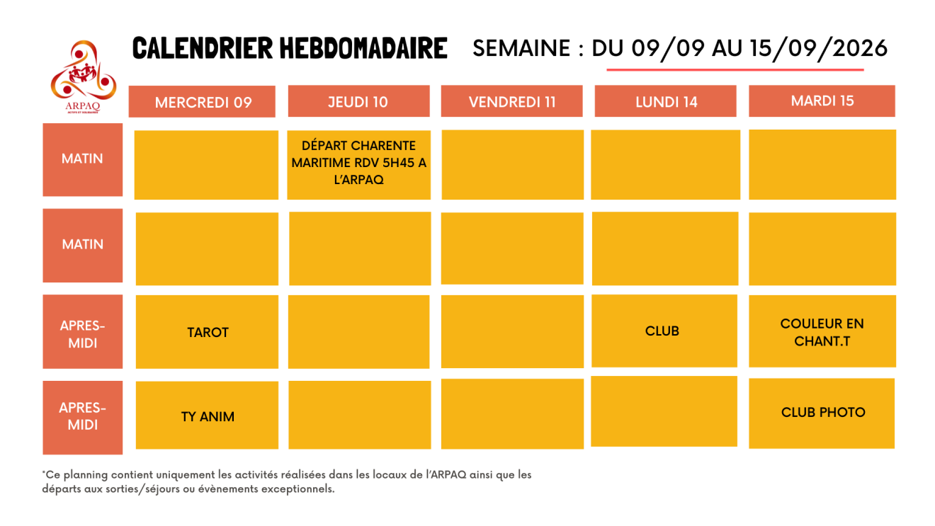 CALENDRIER HEBDOMADAIRE