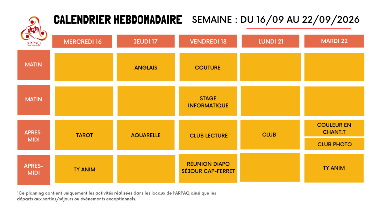 CALENDRIER HEBDOMADAIRE