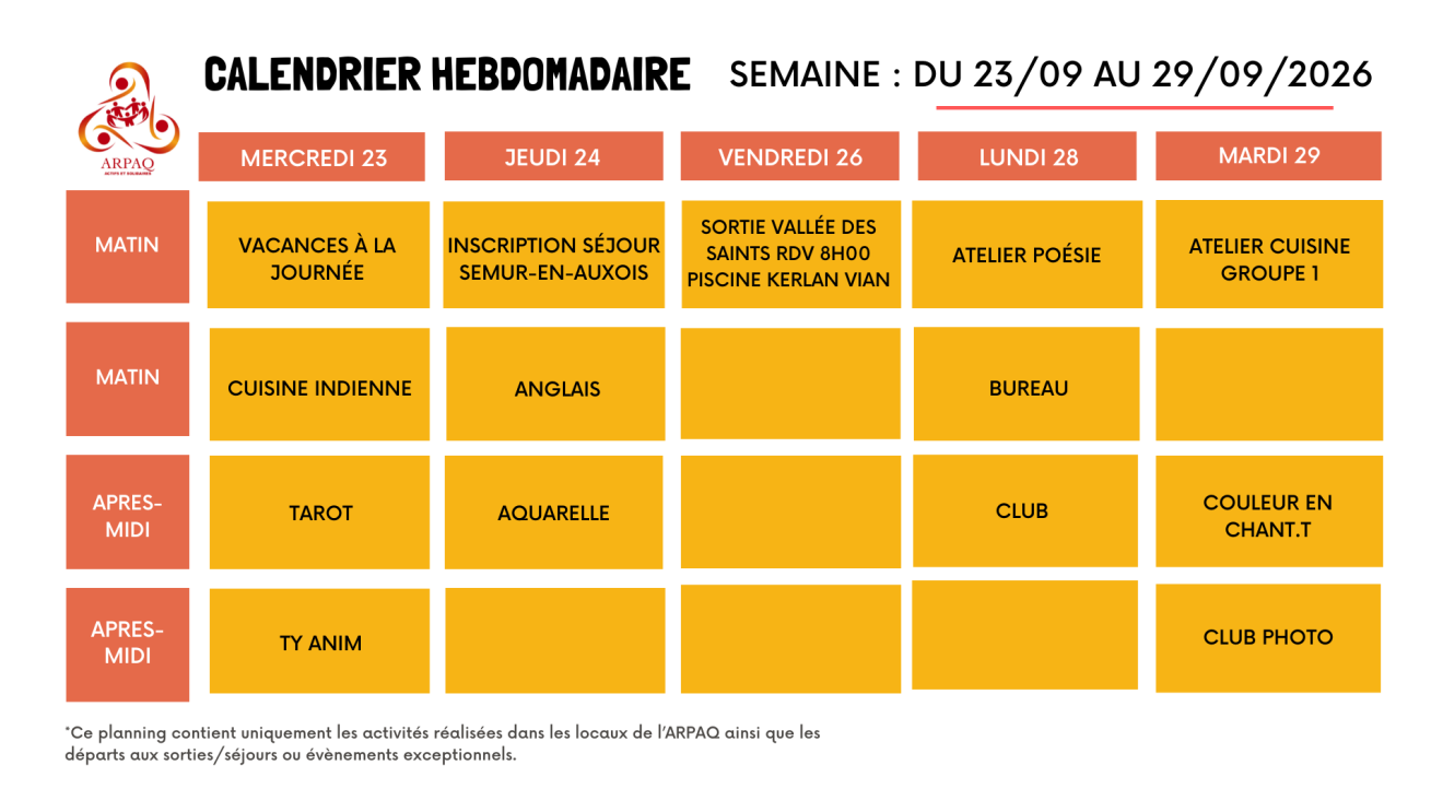 CALENDRIER HEBDOMADAIRE