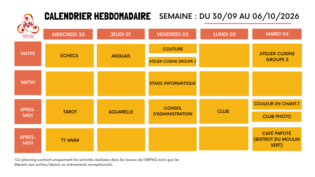 CALENDRIER HEBDOMADAIRE