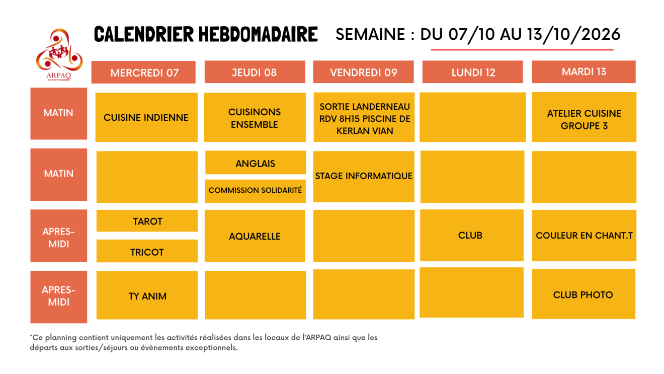 CALENDRIER HEBDOMADAIRE