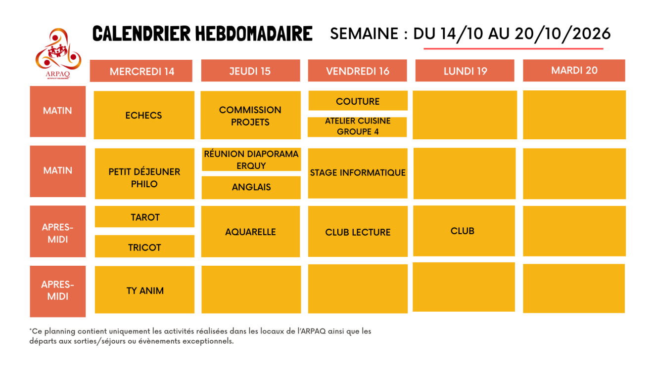 CALENDRIER HEBDOMADAIRE