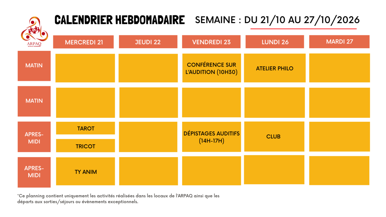 CALENDRIER HEBDOMADAIRE