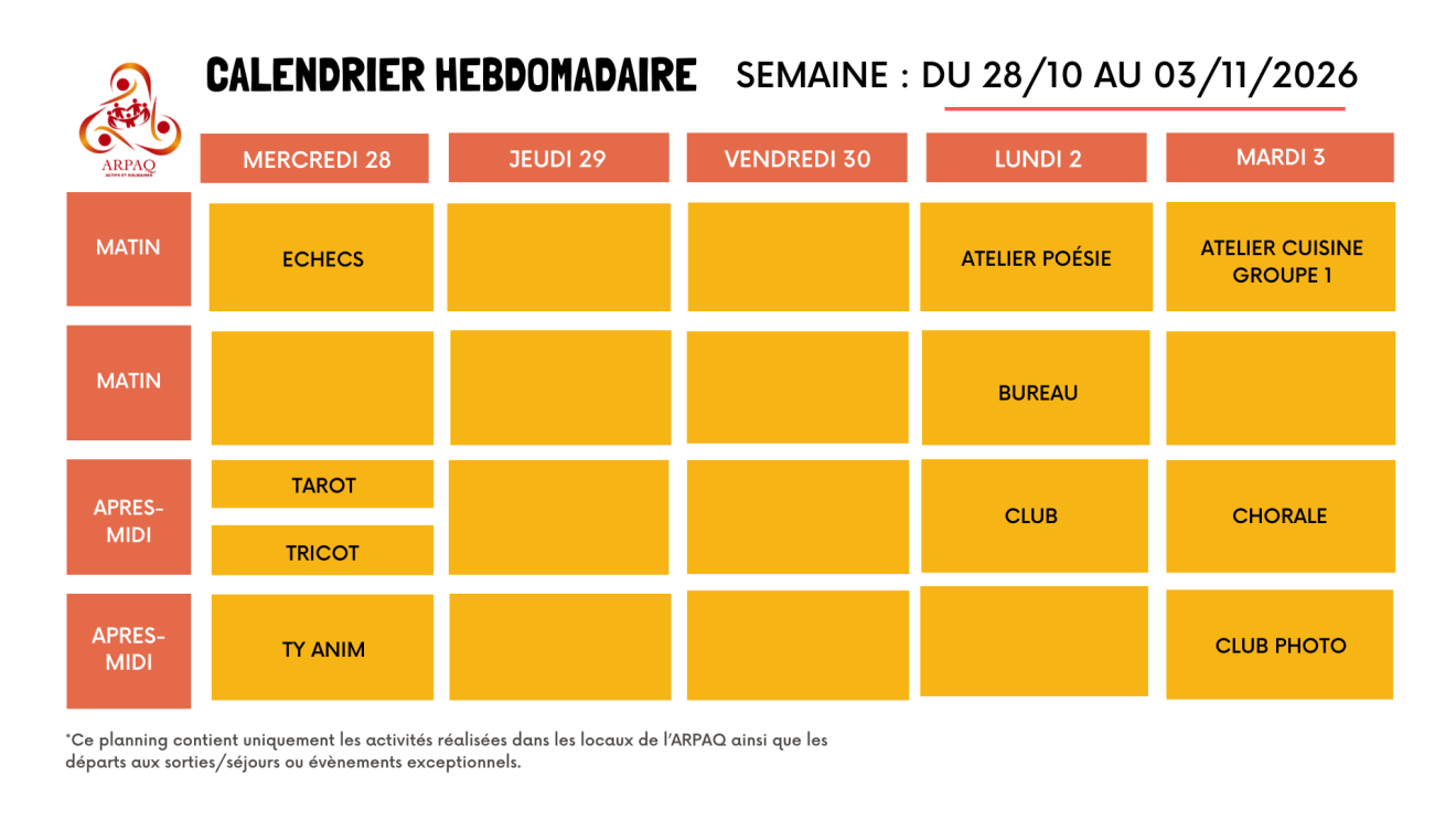 CALENDRIER HEBDOMADAIRE